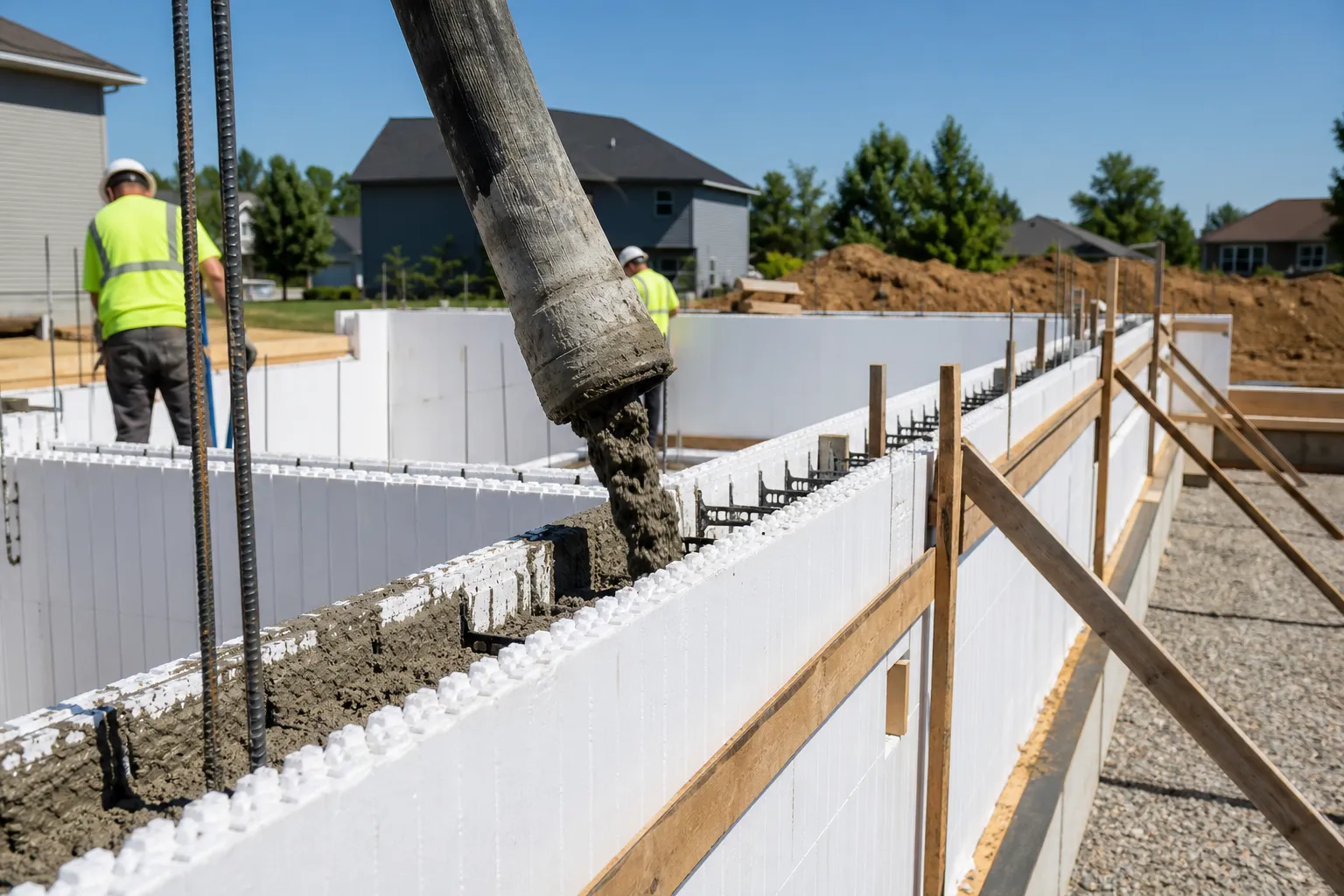 Concrete being poured into white ICF wall forms on a residential job site