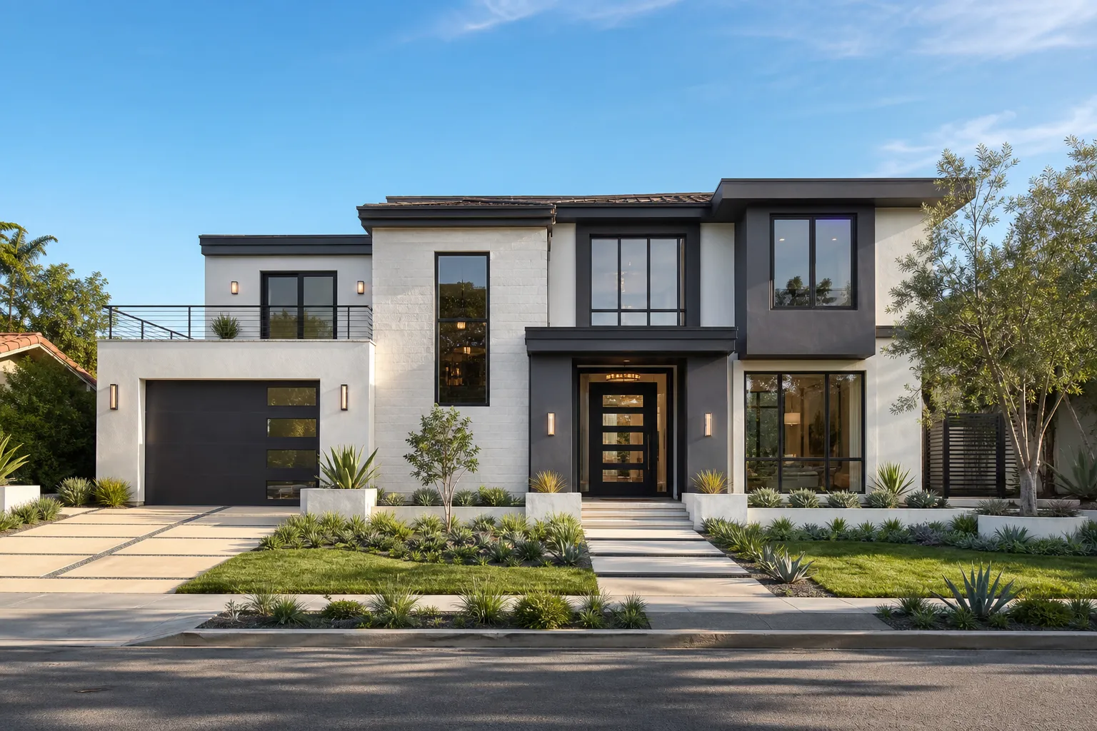 Modern luxury residential home exterior with clean architectural lines