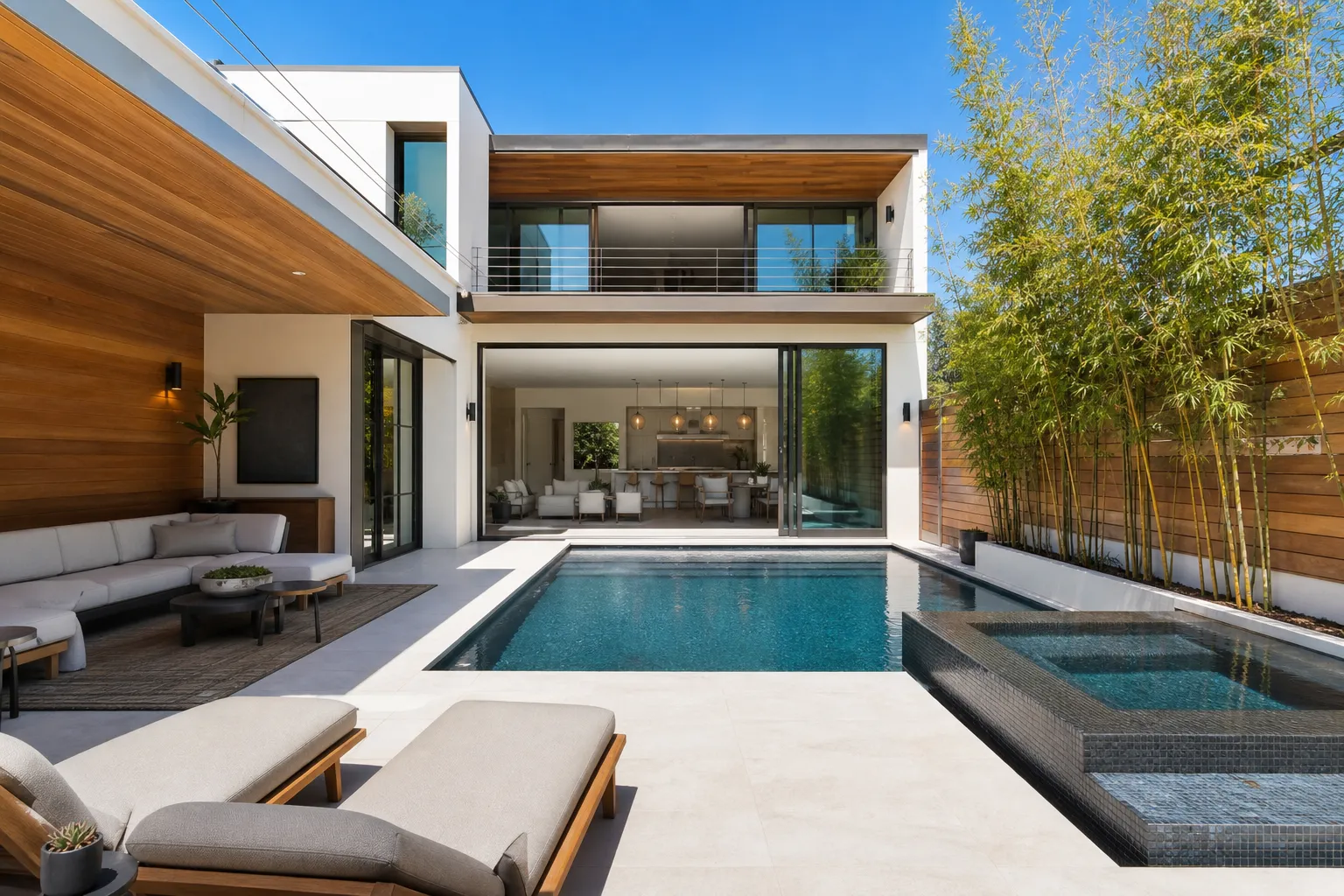 Modern California home courtyard with pool and indoor-outdoor living space