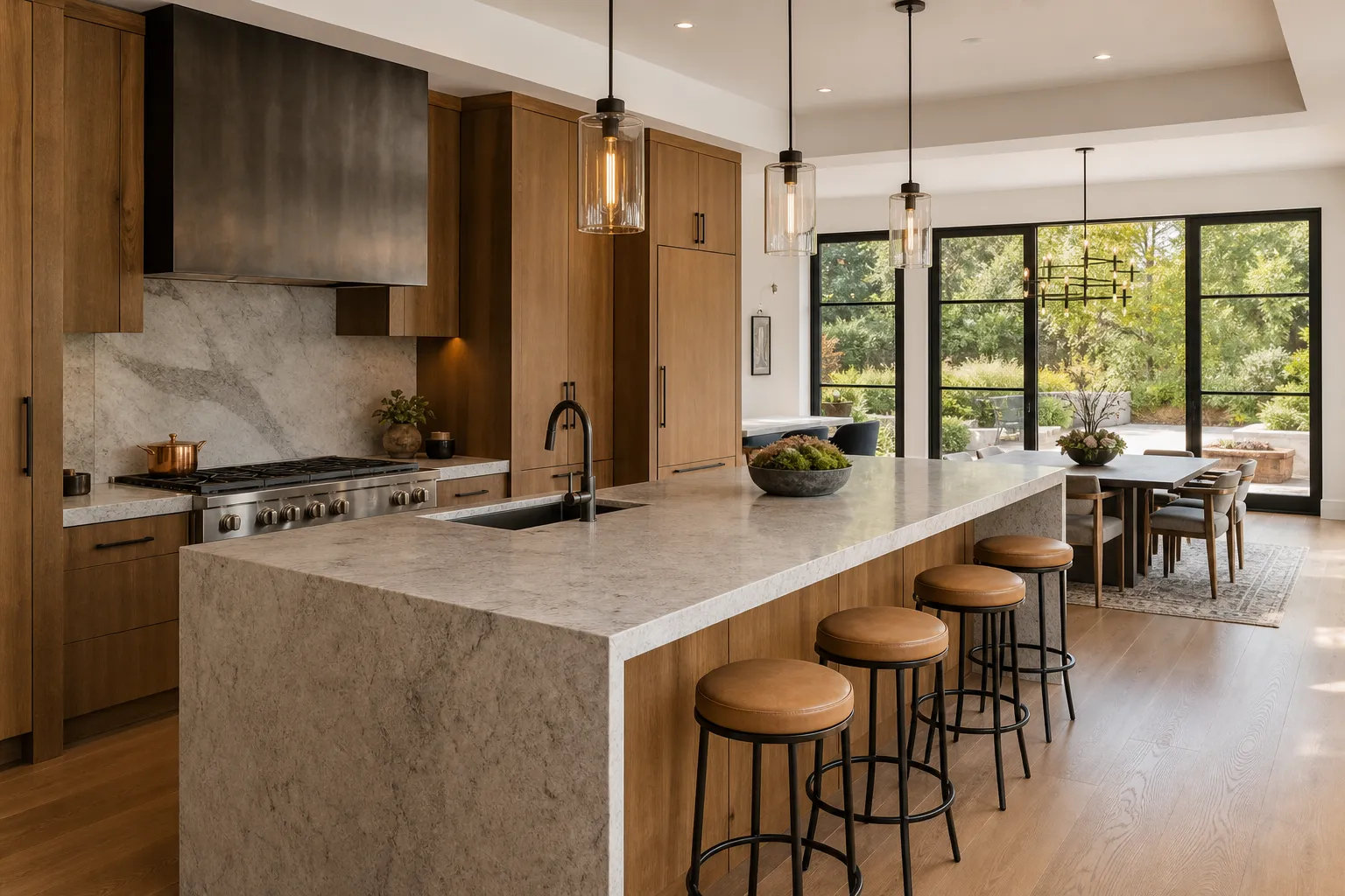 Bright modern kitchen with stone island and natural light