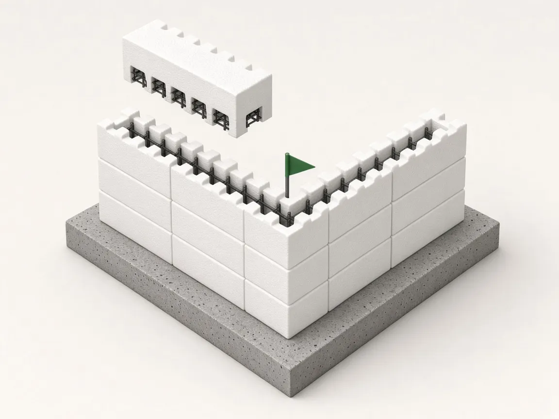 Illustration of hollow white foam ICF blocks stacked into a wall corner on a concrete footing