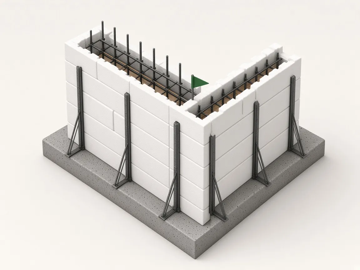 Illustration of steel rebar placed inside the hollow ICF wall with bracing on the outside