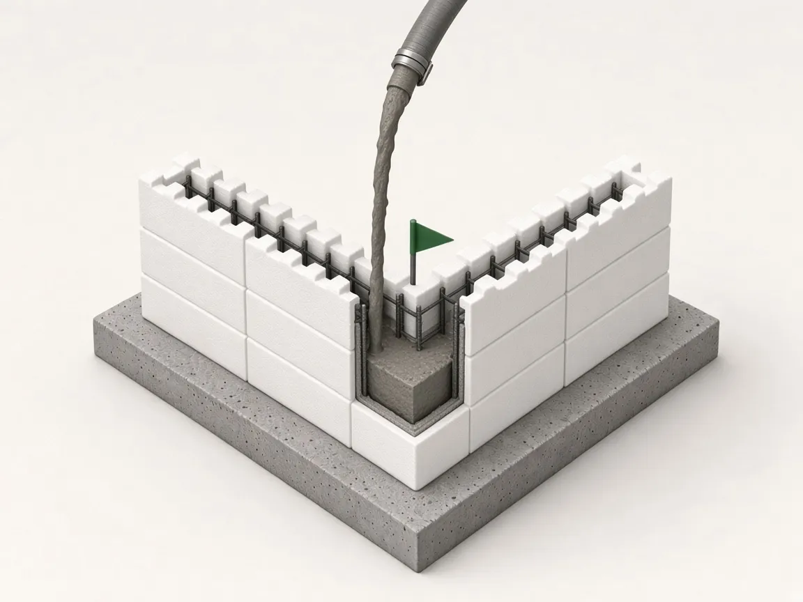 Illustration of concrete being pumped into the hollow core of an ICF wall