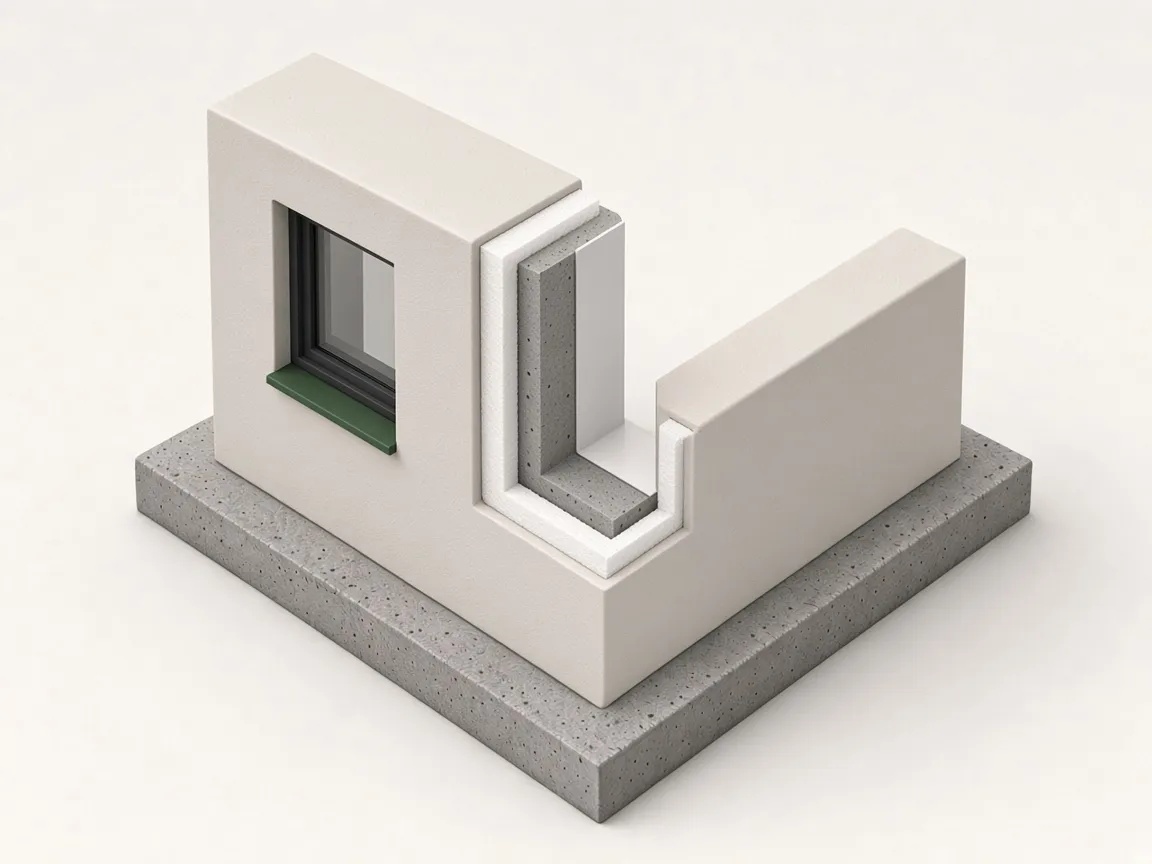 Illustration of a finished ICF wall with stucco outside and drywall inside, cut away to show the layers