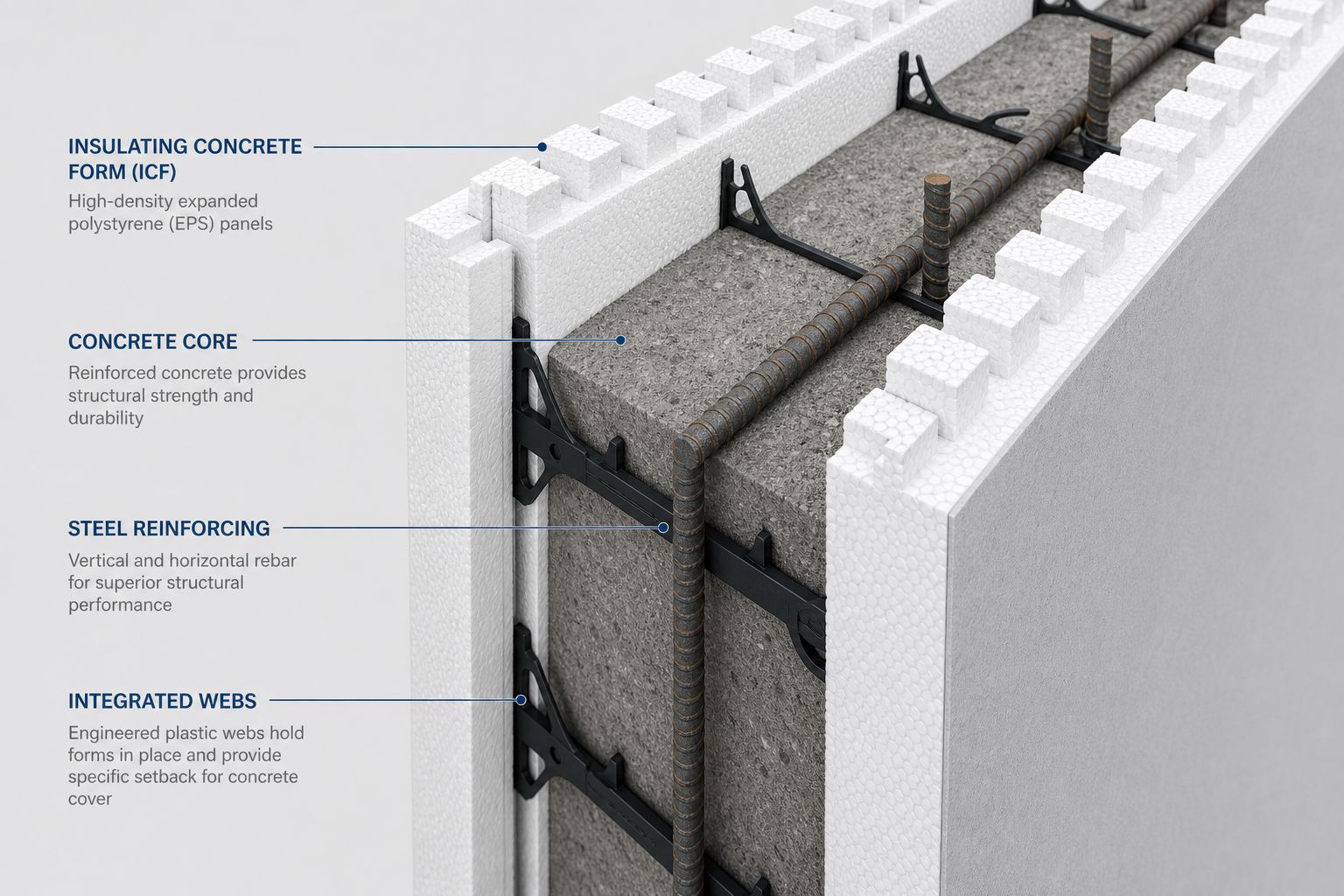 ICF wall cross-section showing insulation and concrete core